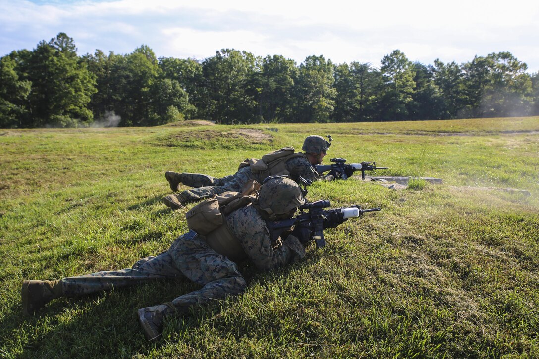 Marines with Marine Barracks Washington D.C. conduct buddy rush drills during a live-fire training exercise for the Fire Team Leaders Course at Marine Corps Base Quantico, Va., Sept. 20, 2017. This is the third iteration of the course which is designed to refine the Marines’ infantry skills and strengthen their small unit leadership to prepare them for the fleet. (Official Marine Corps photo by Lance Cpl. Damon Mclean/Released)