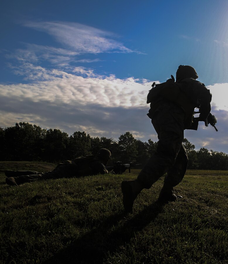 Marines with Marine Barracks Washington, D.C. conduct buddy rush drills during a live-fire training exercise for the Fire Team Leaders Course at Marine Corps Base Quantico, Va., Sept. 20, 2017. This is the third iteration of the course which is designed to refine the Marines’ infantry skills and strengthen their small unit leadership to prepare them for the fleet. (Official Marine Corps photo by Lance Cpl. Damon Mclean/Released)