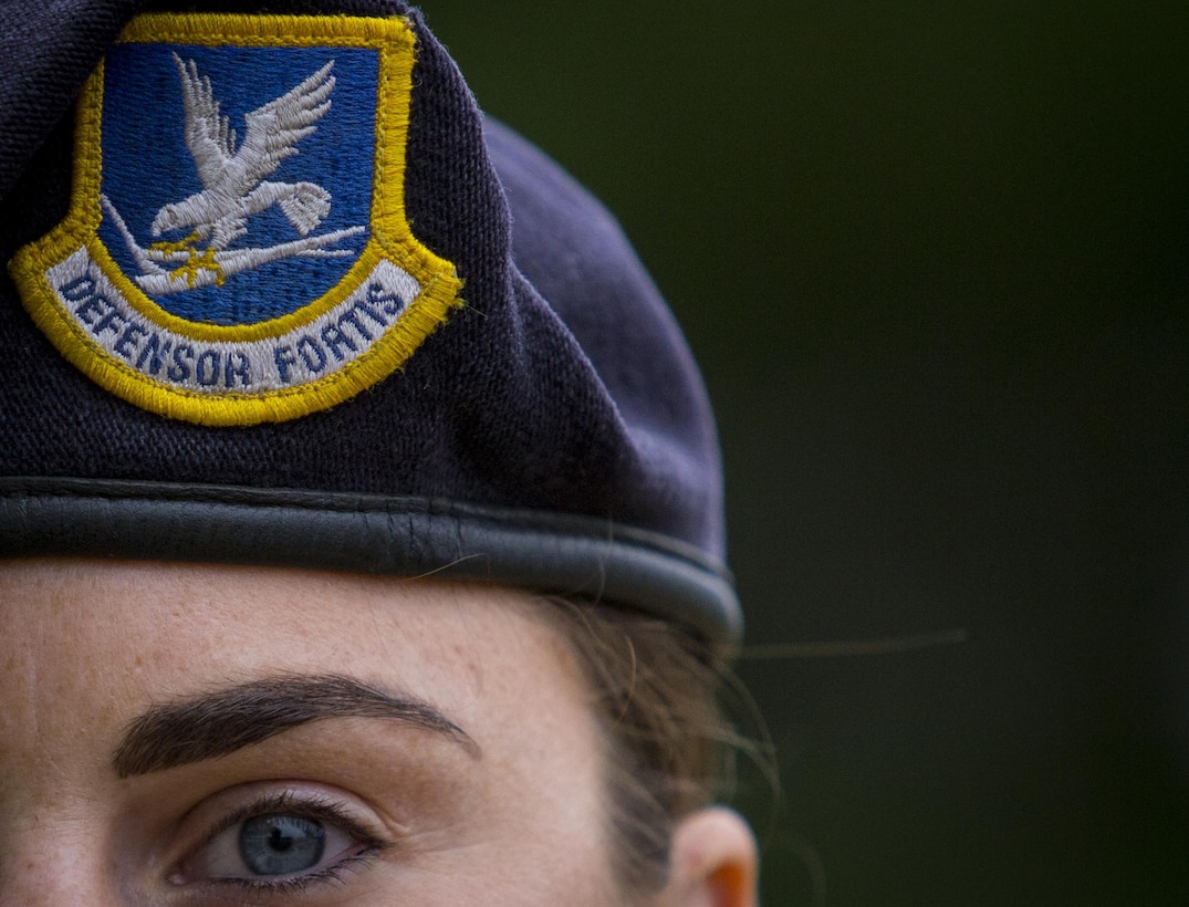 U.S. Air Force Staff Sgt. Jennifer Marchese, a fire team leader with the 108th Security Forces Squadron, stands for a portrait during a German Armed Forces Badge for Military Proficiency test at Joint Base McGuire-Dix-Lakehurst, N.J., Sept. 17, 2017. Marchese, along with other members of the 108th Security Forces Squadron, administered the test to 17 other 108th Wing airmen. This photo has been cropped to highlight the Security Forces flash. (U.S. Air National Guard photo by Master Sgt. Matt Hecht)