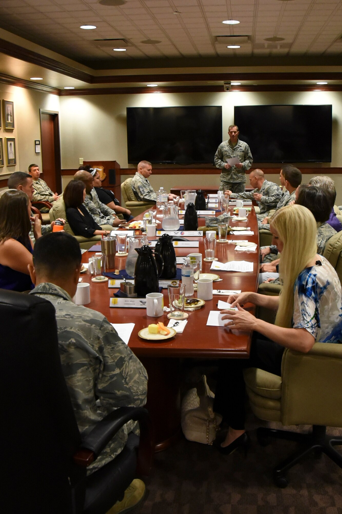 U.S. Air Force Col. Jeffrey Sorrell, 17th Training Wing vice commander, briefs the senior leader’s immersion tour in the Wing Conference room in the Norma Brown building at Goodfellow Air Force Base, Texas, Sept. 25, 2017. The immersion tour visited several locations within Goodfellow and provided information about the wing’s mission. (U.S. Air Force photo by Airman Zachary Chapman)