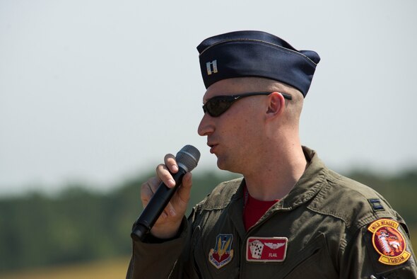 U.S. Air Force Capt. Scott Neidrick, 77th Fighter Squadron (FS) pilot, narrates an F-16CM Fighting Falcon demonstration at Poinsett Electronic Combat Range, near Wedgefield, S.C., Sept. 22, 2017.