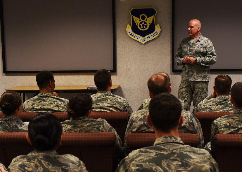 Col. Patrick Matthews, Eighth Air Force vice commander, speaks with Team Minot Airmen during a tour at Minot Air Force Base, N.D., Sept. 25, 2017. During the tour, Matthews visited the 5th Munitions Squadron, Combat Arms Training and Maintenance, Explosive Ordnance Disposal, Military Working Dogs, 23rd Aircraft Maintenance Unit, and the 5th Operations Support Squadron alert facility.(U.S. Air Force photo by Airman 1st Class Alyssa M. Akers)