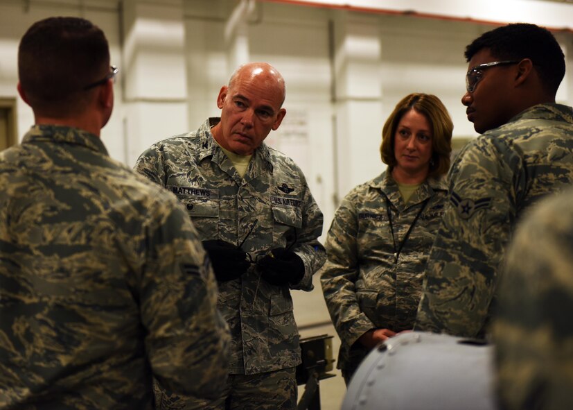 Col. Patrick Matthews, Eighth Air Force vice commander, speaks with 5th Munitions Squadron Airmen during a tour at Minot Air Force Base, N.D., Sept. 25, 2017. During the tour, Matthews visited the 5th MUNS, Combat Arms Training and Maintenance, Explosive Ordnance Disposal, Military Working Dogs, 23rd Aircraft Maintenance Unit, and the 5th Operations Support Squadron alert facility.(U.S. Air Force photo by Airman 1st Class Alyssa M. Akers)