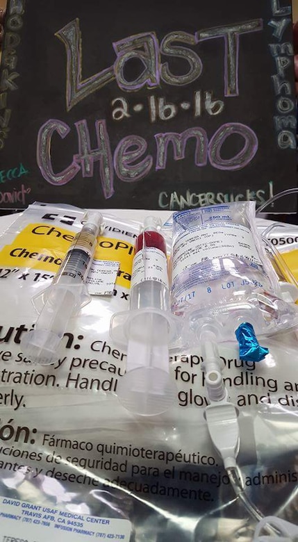 Chemotherapy medication waits to be administered into Staff Sgt. Teresa Monteon, 60th Medical Group training manager from San Jose, Calif., Feb. 16, 2016. Monteon underwent four months of chemotherapy after being diagnosed with Hodgkin’s Lymphoma. Doctors told her she was in remission in April 2016. (Courtesy Photo)