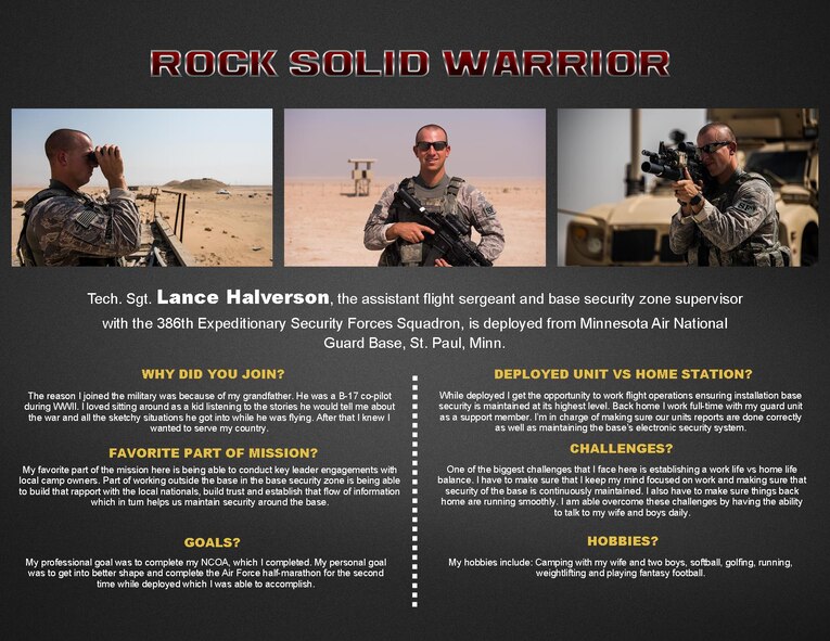 The Rock Solid Warrior program is a way to recognize and spotlight the Airmen of the 386th Air Expeditionary Wing for their positive impact and commitment to the mission.