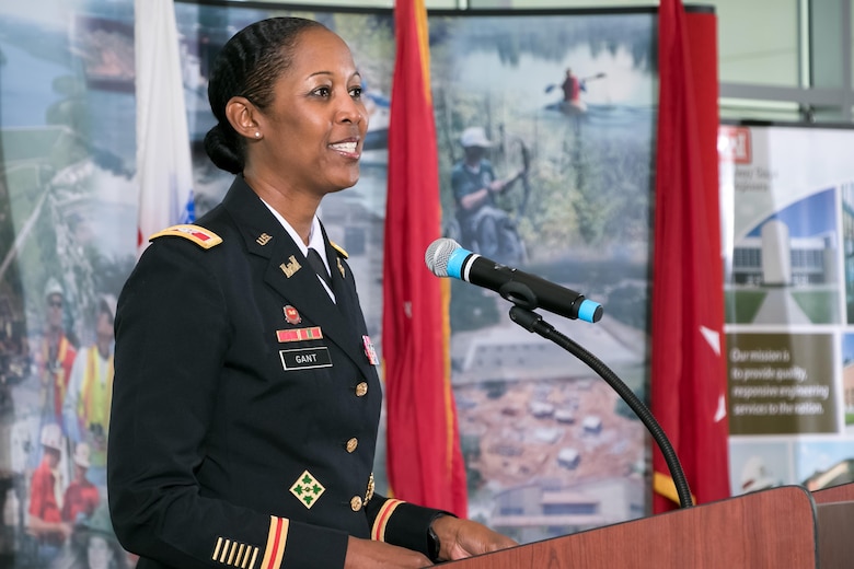 Col. Antoinette Gant addresses attendees at the change of command ceremony held July 27, 2017, at the Muhammad Ali Center, Louisville, Ky.