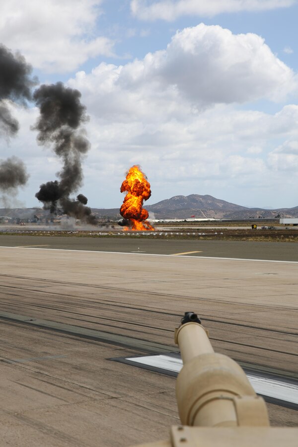 The Marine air-ground task force demonstration at the 2017 Marine Corps Air Station Miramar Air Show at MCAS Miramar, Calif., showcases the combat power of 4th Tank Battalion, 4th Marine Division, Sept. 23. The MAGTF is the U.S. Marine Corps principal organization for all missions across the range of military operations. The MAGTF demonstration highlights the effectiveness of the air, ground, logistics and command elements working together. (U.S. Marine Corps photo by Sgt. Brytani Wheeler/Released)