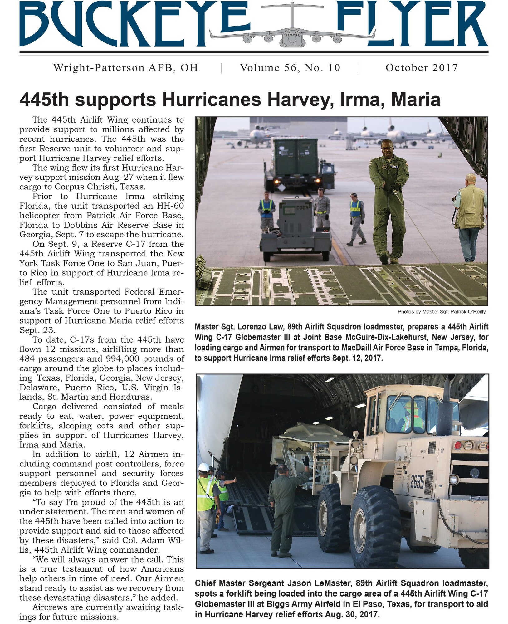 The October 2017 issue of the Buckeye Flyer is now available. It is the official publication of the 445th Airlift Wing and includes eight pages of stories, photos and features pertaining to the wing, Air Force Reserve Command and the U.S. Air Force.