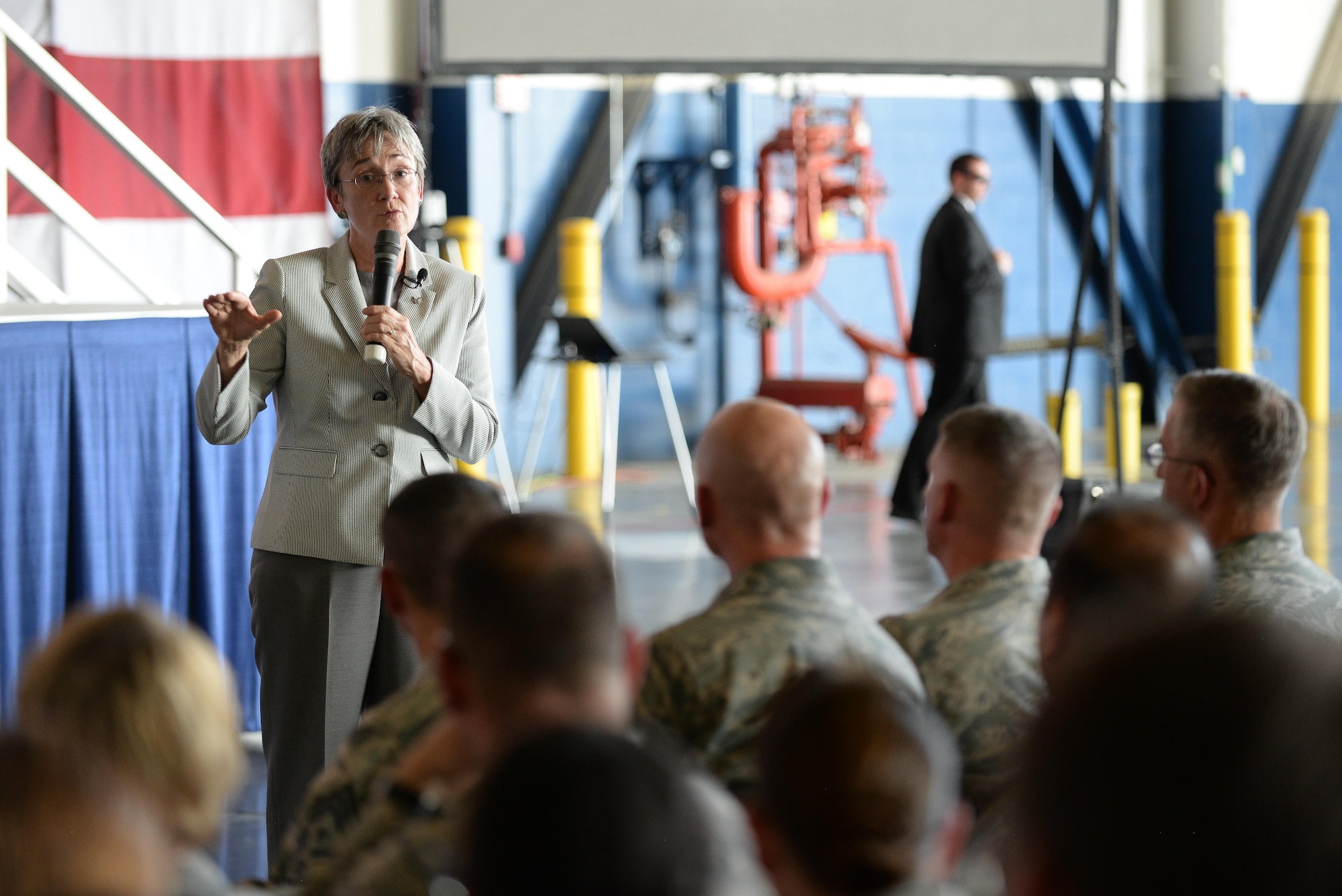 Secretary of the Air Force Heather Wilson addresses Airmen assigned to the 55th Wing during the SecAF town hall at Offutt Air Force Base, Neb., Sept. 22, 2017.
