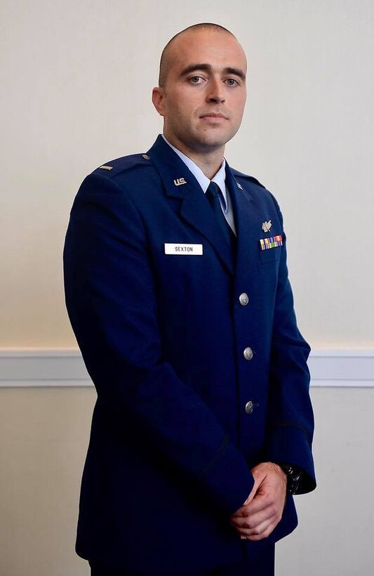 First Lt. Brandon Sexton, 7th Space Operations Squadron, poses for a photo in his uniform while attending the Air, Space & Cyber Conference on Tuesday, Sep. 19, 2017.