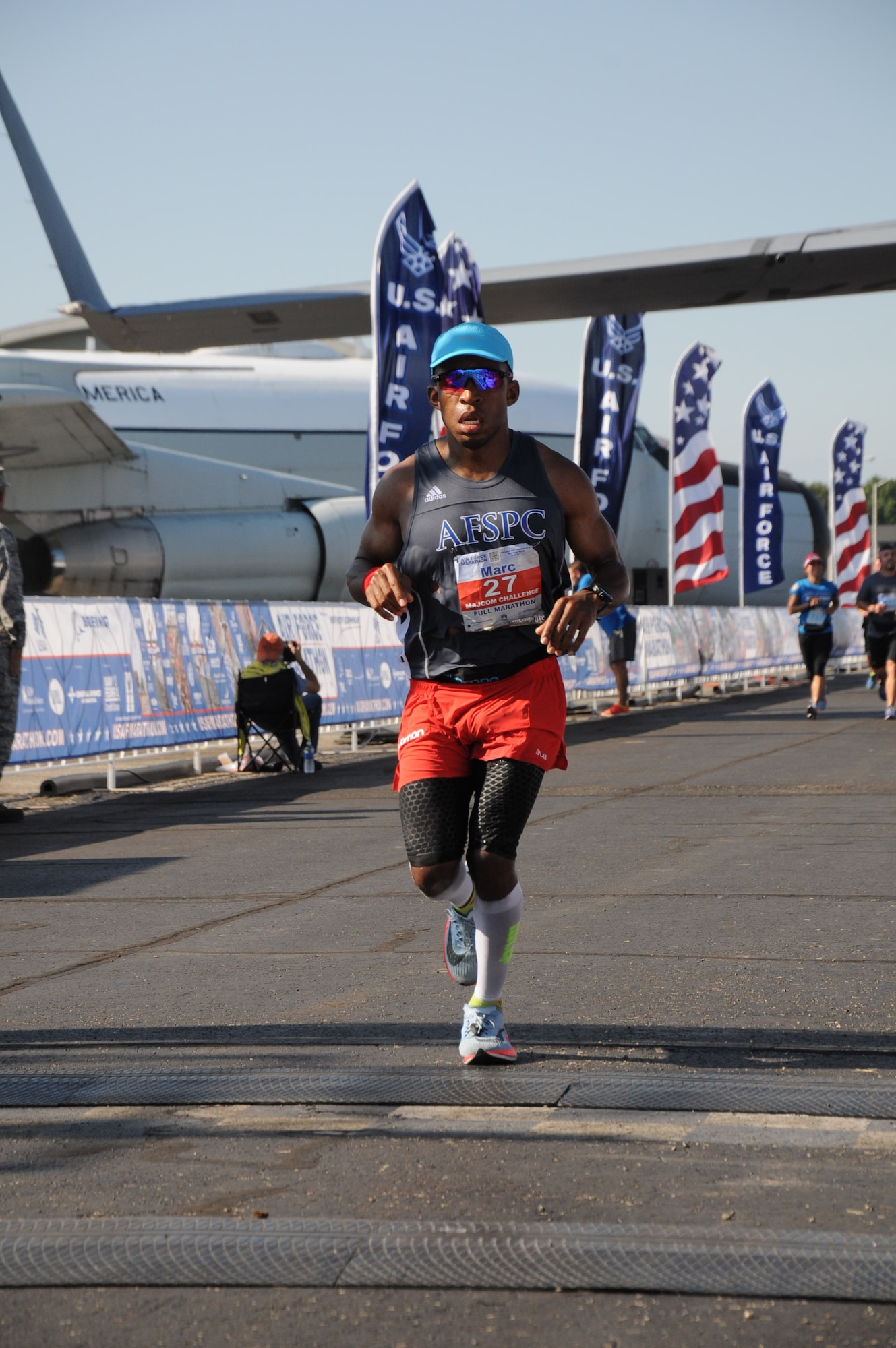 Capt. Marcus Williams, 10th Space Warning Squadron crew commander, completes the Air Force Marathon Sept. 16, 2017 at Wright-Patterson air Force Base. Stationed at Cavalier Air Force Station, North Dakota, Williams is an avid runner.