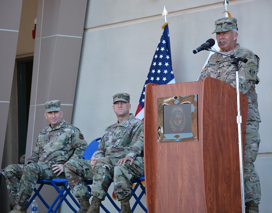 Lt. Gen. Todd Semonite, commanding general, U.S. Army Corps of Engineers, right, speaks to the audience during a Sept. 21 ribbon-cutting ceremony for the new Weed Army Community Hospital, while Gen. Robert Abrams, commanding general, U.S. Army Forces Command, left, and Maj. Gen. Thomas Tempel Jr., commanding general, Regional Health Command-Central, center, look on.