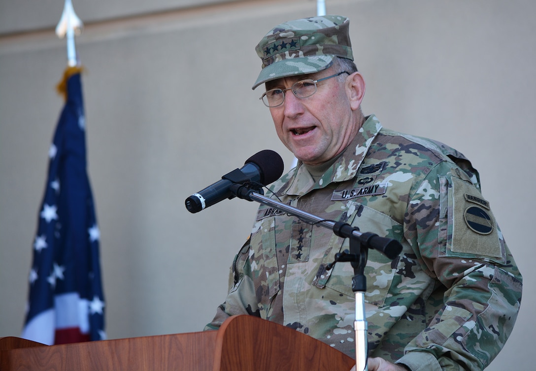 Gen. Robert Abrams, commanding general, U.S. Army Forces Command, speaks to the audience during a Sept. 21 ribbon-cutting ceremony for the new Weed Army Community Hospital at Fort Irwin, California.