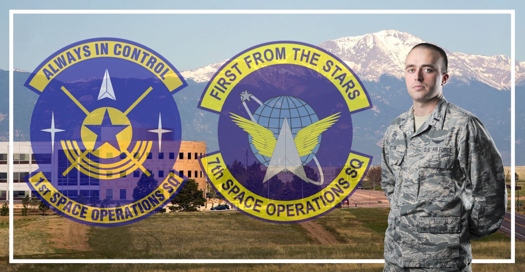First Lt. Brandon Sexton shown in front of Schriever AFB with patches representing his time at the 1st Space Operations Squadron and his recent induction into the Air Force Reserve at the 7th Space Operations Squadron