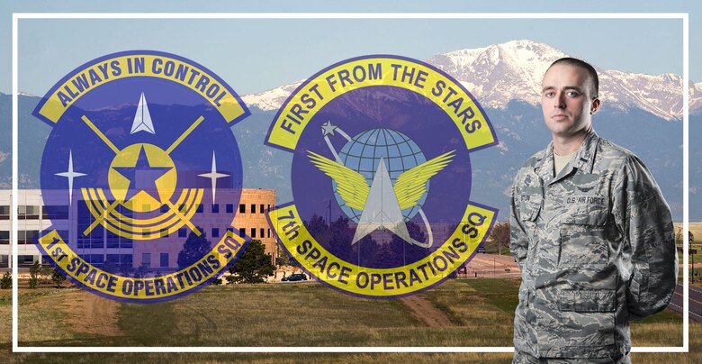 First Lt. Brandon Sexton shown in front of Schriever AFB with patches representing his time at the 1st Space Operations Squadron and his recent induction into the Air Force Reserve at the 7th Space Operations Squadron