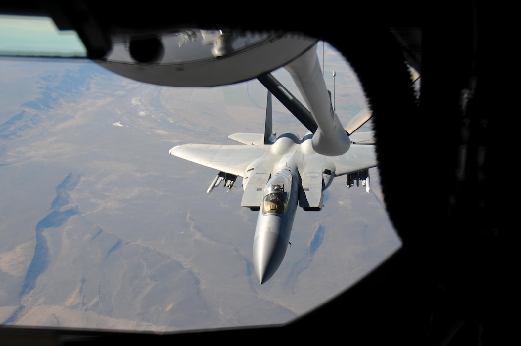 KC-135 Stratotanker refuels F-15 Eagle