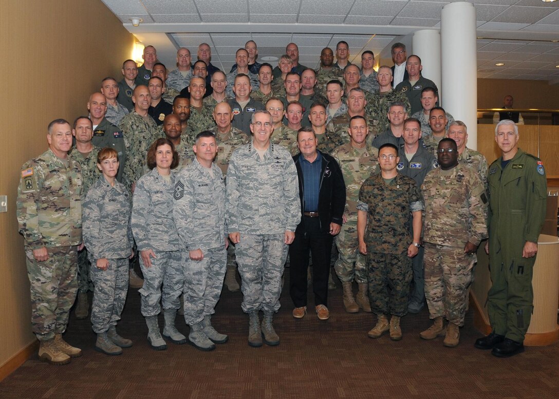 U.S. Air Force Gen. John Hyten, commander of U.S. Strategic Command (USSTRATCOM), poses for a photo with Capstone 18-1 participants at the Dougherty Conference Center, Offutt Air Force Base, Neb., Sept. 27, 2017.