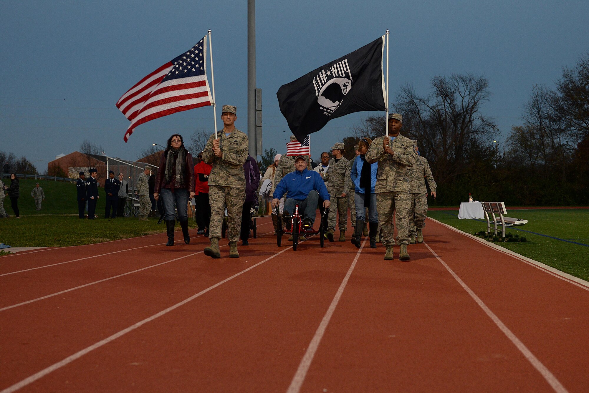 Col. Kyle Kremer and Chief Master Sgt. Wesley Mathias lead the vigil run Nov. 7, 2014 at Scott Air Force Base, Ill.