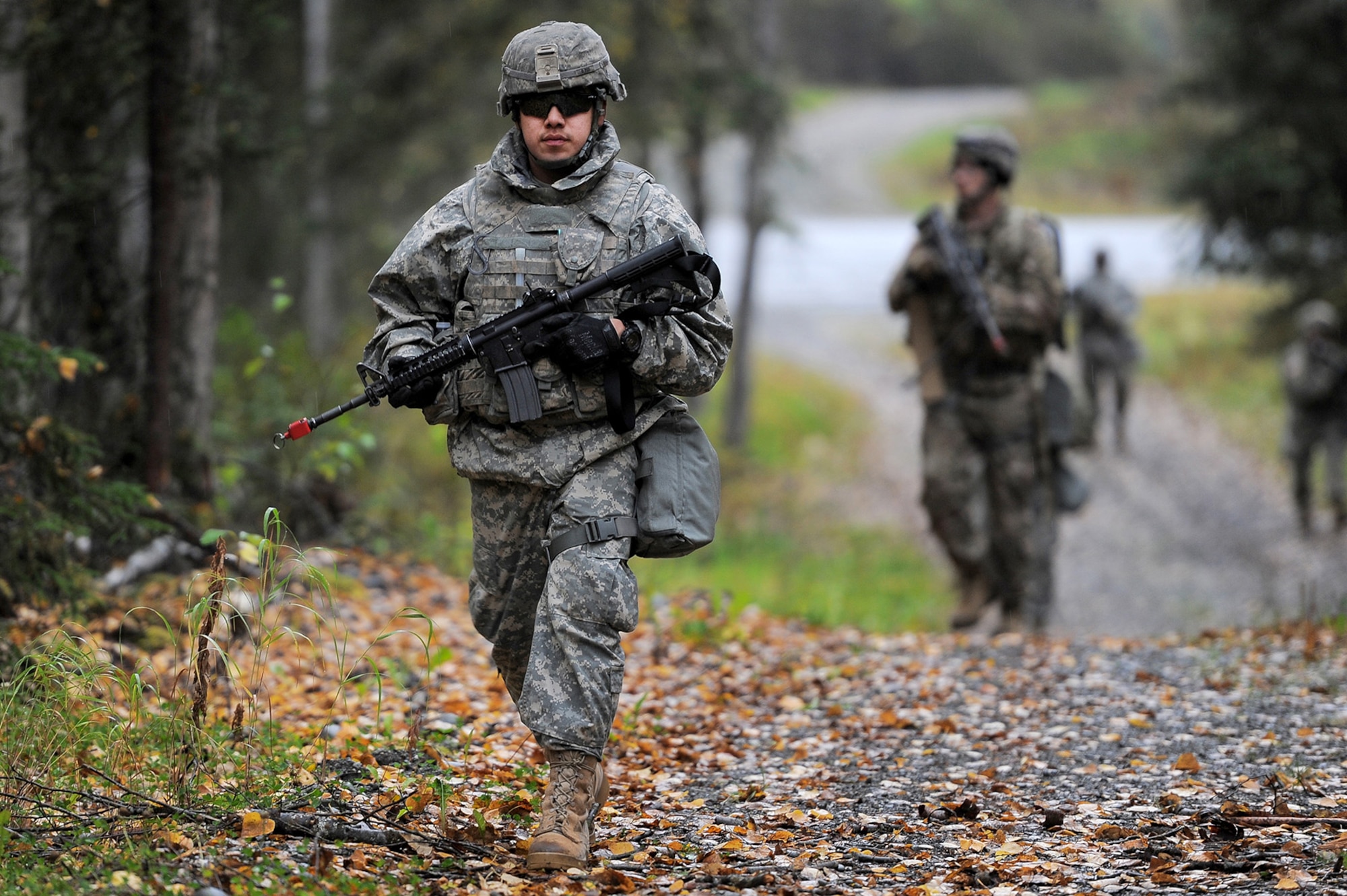 Soldiers assigned to the 109th Transportation Company "Muleskinners", 17th Combat Sustainment Support Battalion, U.S. Army Alaska, execute tactical movement during an exercise on Joint Base Elmendorf-Richardson, Alaska, Sept. 21, 2017.  The transportation Soldiers performed this training as part of a larger exercise in multiple locations to build and maintain proficiency in essential soldiering skills including react to contact, and securing an objective as well as traffic control point training.