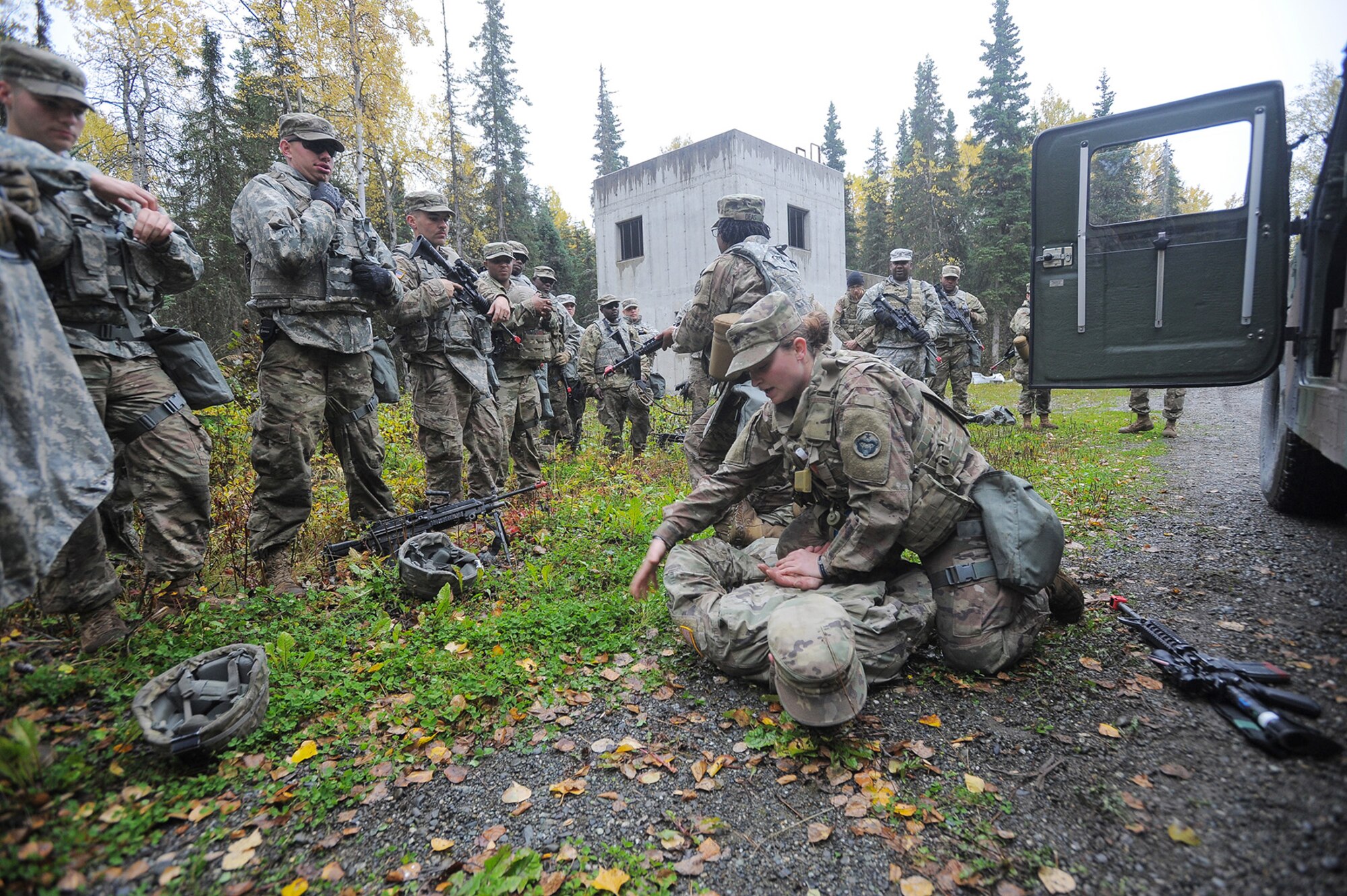 Spc. Shelbe Butner, assigned to the 109th Transportation Company "Muleskinners", 17th Combat Sustainment Support Battalion, U.S. Army Alaska, demonstrates a combatives technique during traffic control point training on Joint Base Elmendorf-Richardson, Alaska, Sept. 21, 2017.  The Soldiers performed this training as part of a larger exercise in multiple locations to build, and maintain proficiency in essential soldiering skills.