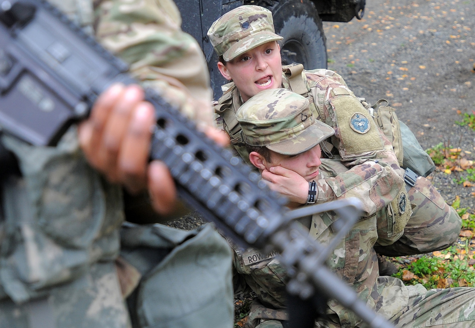 Spc. Shelbe Butner, assigned to the 109th Transportation Company "Muleskinners", 17th Combat Sustainment Support Battalion, U.S. Army Alaska, demonstrates a combative technique during traffic control point training on Joint Base Elmendorf-Richardson, Alaska, Sept. 21, 2017.  The Soldiers performed this training as part of a larger exercise in multiple locations to build, and maintain proficiency in essential soldiering skills.