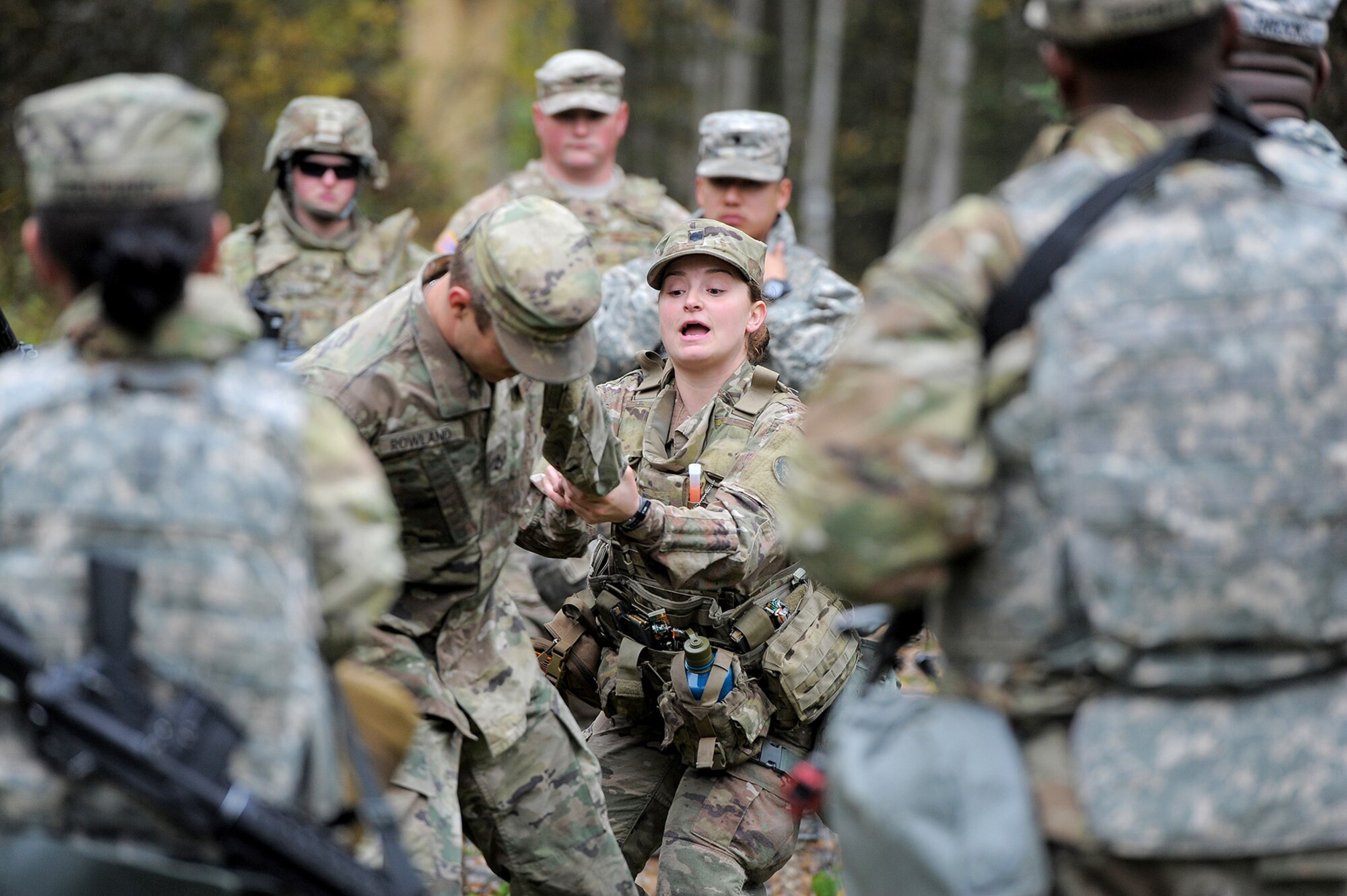 Spc. Shelbe Butner, assigned to the 109th Transportation Company "Muleskinners", 17th Combat Sustainment Support Battalion, U.S. Army Alaska, demonstrates a combatives technique during traffic control point training on Joint Base Elmendorf-Richardson, Alaska, Sept. 21, 2017.  The Soldiers performed this training as part of a larger exercise in multiple locations to build, and maintain proficiency in essential soldiering skills.