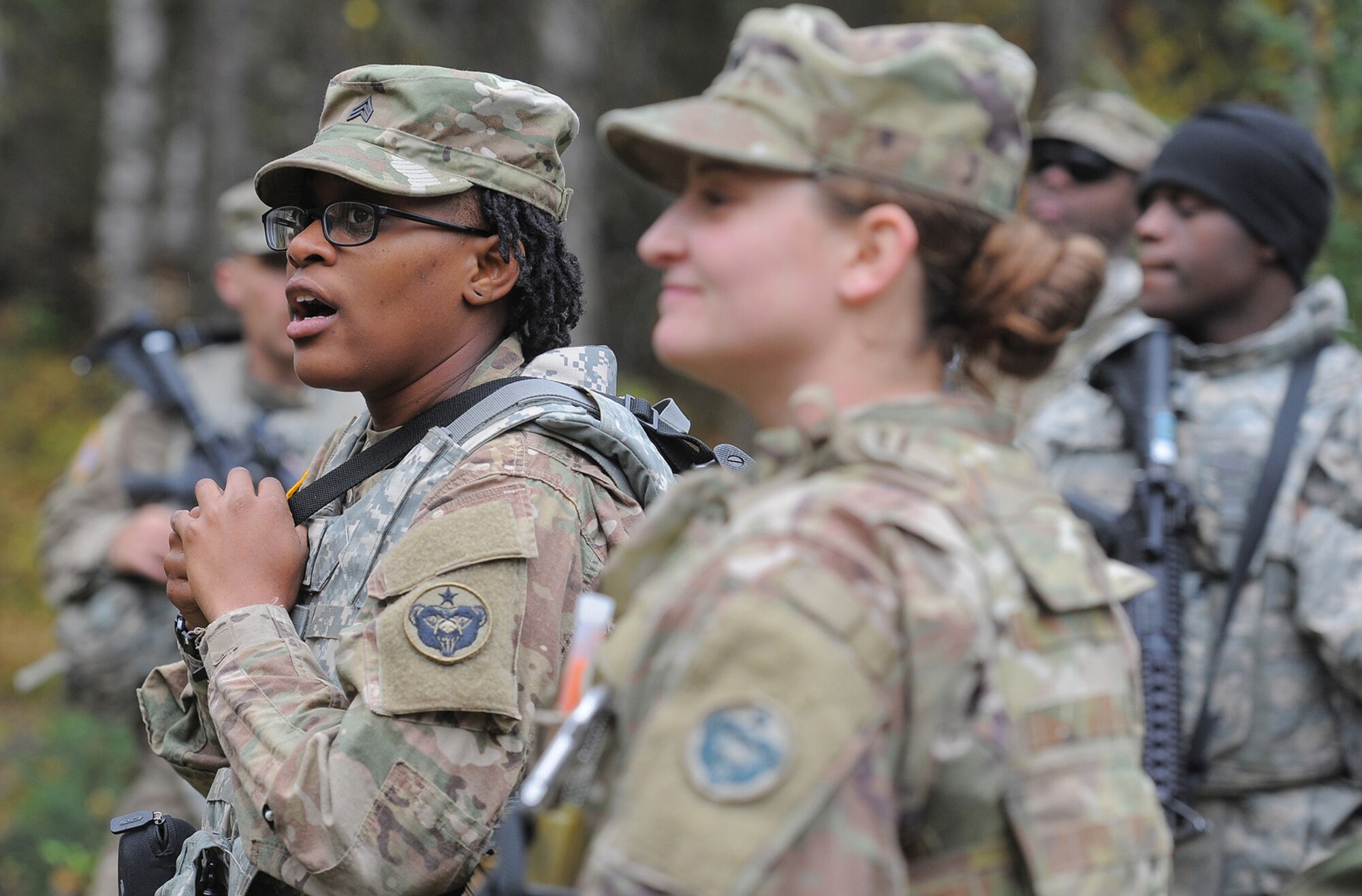 Army Sgt. Shatavia Deas, assigned to the 109th Transportation Company "Muleskinners", 17th Combat Sustainment Support Battalion, U.S. Army Alaska, instructs fellow Soldiers during traffic control point training on Joint Base Elmendorf-Richardson, Alaska, Sept. 21, 2017.  The Soldiers performed this training as part of a larger exercise in multiple locations to build, and maintain proficiency in essential soldiering skills.