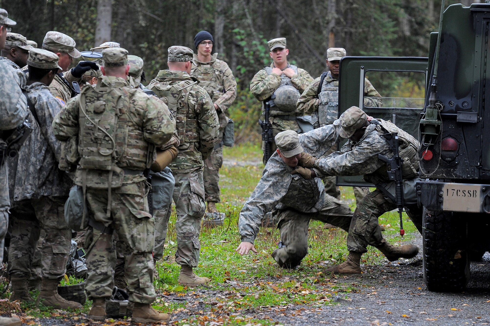 A soldier assigned to the 109th Transportation Company "Muleskinners", 17th Combat Sustainment Support Battalion, U.S. Army Alaska, utilize a combatives technique during traffic control point training on Joint Base Elmendorf-Richardson, Alaska, Sept. 21, 2017.  The Soldiers performed this training as part of a larger exercise in multiple locations to build, and maintain proficiency in essential soldiering skills.
