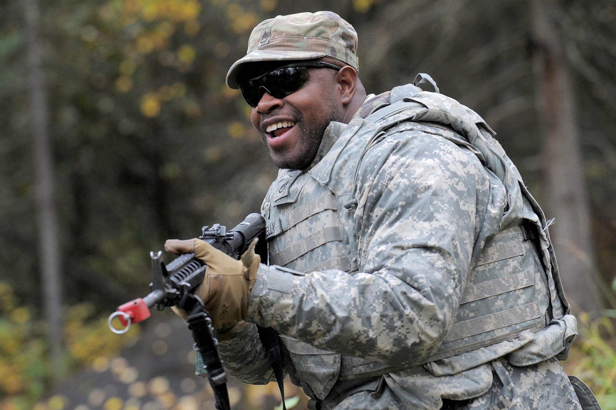 Army Staff Sgt. Willie Kelly, assigned to the 109th Transportation Company "Muleskinners", 17th Combat Sustainment Support Battalion, U.S. Army Alaska, role-plays as an insurgent during traffic control point training on Joint Base Elmendorf-Richardson, Alaska, Sept. 21, 2017.  The Soldiers performed this training as part of a larger exercise in multiple locations to build, and maintain proficiency in essential soldiering skills.