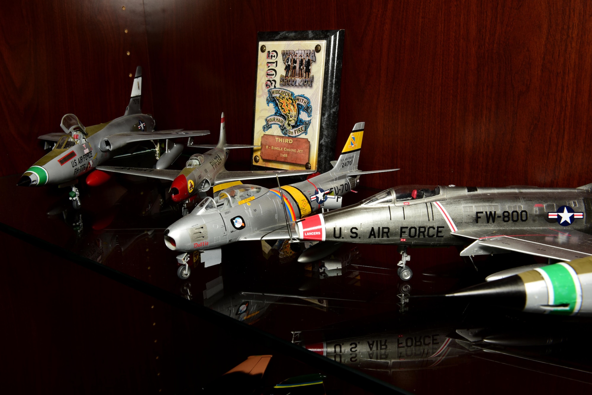 Model aircraft built by retired Tech. Sgt. Bob Dedmon sit on display in the 4th Mission Support Group building, Sept. 27, 2017, at Seymour Johnson Air Force Base, North Carolina.