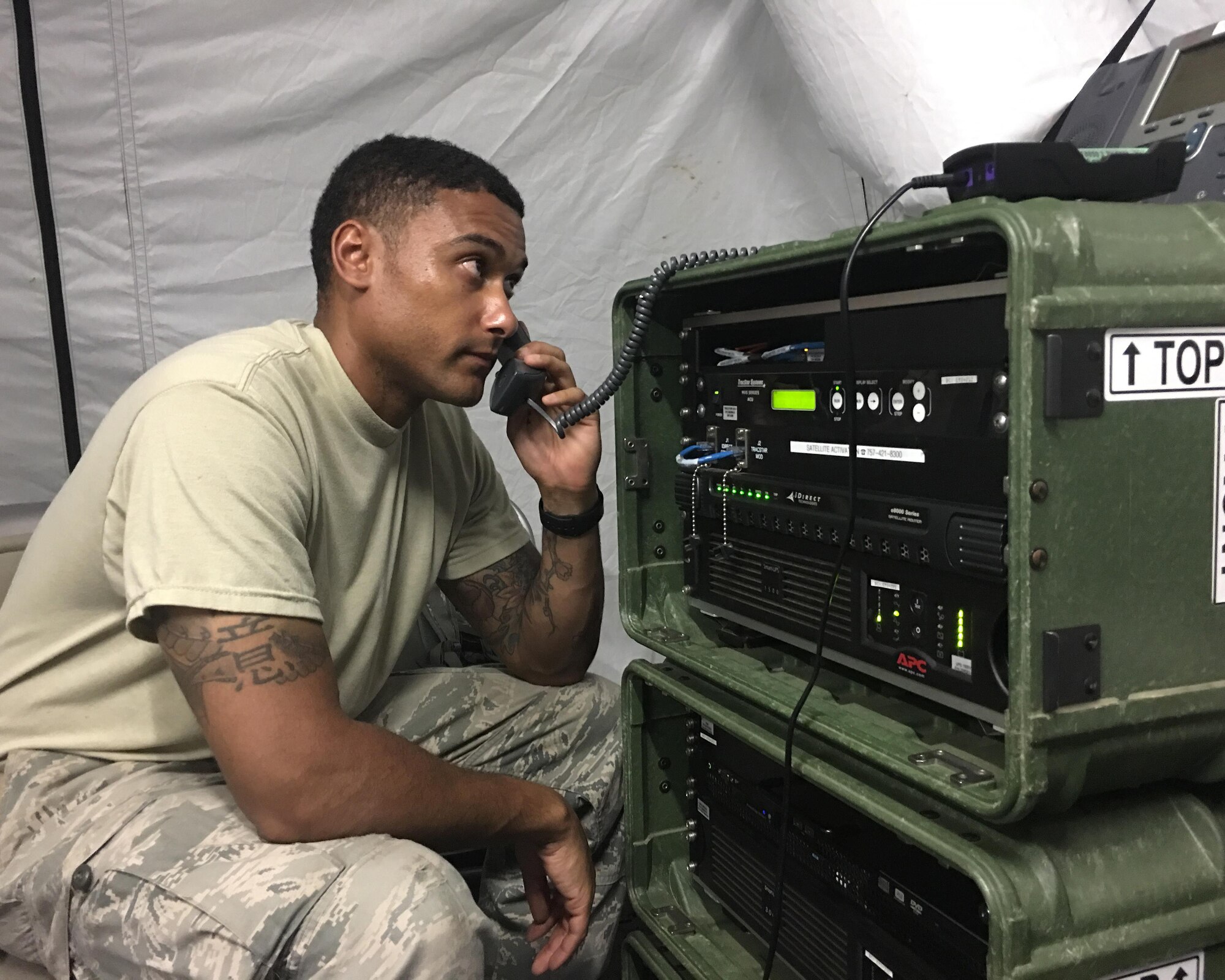 Staff Sgt. Helmut Woodberry of the Illinois Air National Guard’s 126th Communications Flight works on a radio frequency control unit in a Joint Incident Site Communications Capability site at Muniz Air National Guard Base, Puerto Rico. The Air National Guard is working with many federal, territory and local agencies in response to Hurricane Maria. (U.S. Air National Guard photo by Tech. Sgt. Dan Heaton)
