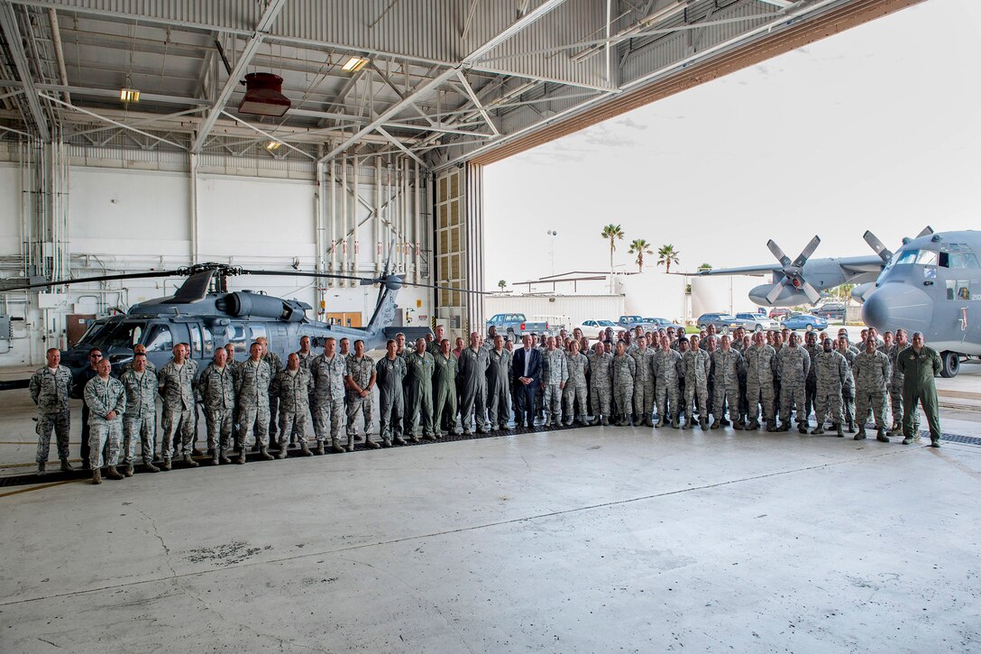 On Sept. 20, 2017, the Honorable Matthew P. Donovan, the Under Secretary of the Air Force and General Stephen W. Wilson, the Vice Chief of Staff of the U.S. Air Force, thanked several hundred 920th Rescue Wing Airmen in an aircraft hangar at Patrick Air Force Base, Florida, thanking them for their relief efforts after two major hurricanes battered Texas then Florida, back-to-back. The 920th RQW sent a contingent of 95 wing Airmen and 5 rescue aircraft to conduct rescues from Eastern Airport, College Station, Texas August 27, 2017. With little time to spare, the 920th begin responding to Texans in need within 45 minutes of their arrival. A week later they were getting ready to do the same thing at home in response to Hurricane Irma. (U.S. Air Force photo/Matthew Jurgens)