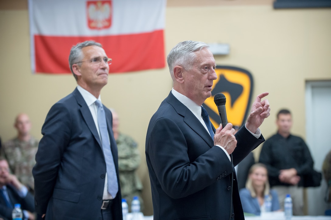 Defense Secretary Jim Mattis speaks with troops in Afghanistan.