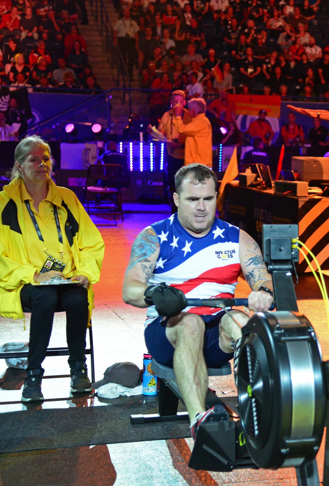 U.S. Air Force veteran Reese Hines, a former explosive ordnance disposal master sergeant, competes during the indoor rowing competition at the 2017 Invictus Games in Toronto, Canada, Sept. 26, 2017. Reese was injured while deployed to Afghanistan when an improvised explosive device was remotely detonated, and roughly 20 pounds of explosives activated less than 2 feet away from him. (U.S. Air Force photo by Staff Sgt. Alexx Pons)