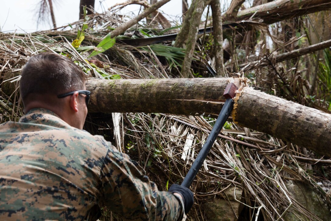 A U.S. Marine with Battalion Landing Team 2nd Battalion, 6th Marine Regiment, 26th Marine Expeditionary Unit (MEU), uses an axe to cut a tree blocking a road as part of Hurricane Maria relief efforts in Ceiba, Puerto Rico, Sept. 27, 2017. The 26th MEU is supporting the Federal Emergency Management Agency, the lead federal agency, and local authorities in Puerto Rico with the combined goal of protecting the lives and safety of those in affected areas. (U.S. Marine Corps photo by Lance Cpl. Alexis C. Schneider)