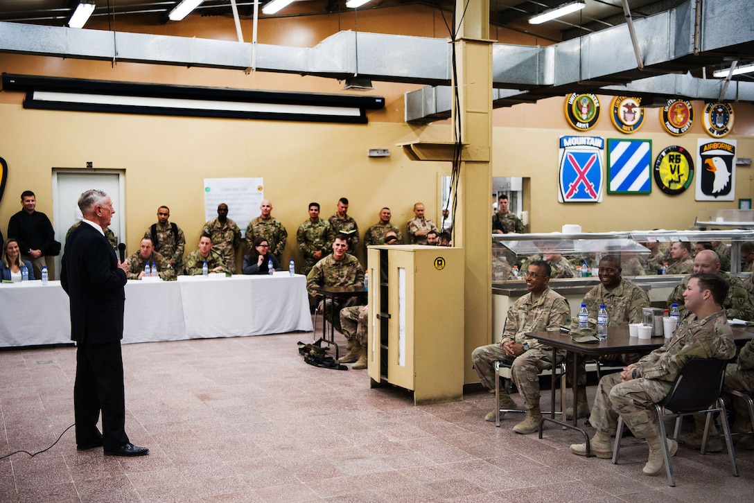 Defense Secretary Jim Mattis speaks to troops.