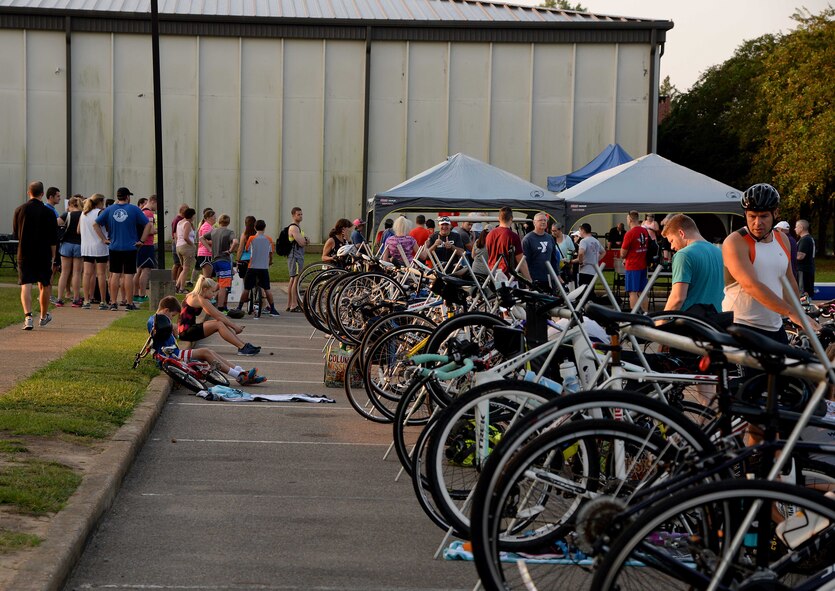 Participants prepare for a triathlon Sept. 23, 2017, on Columbus Air Force Base, Mississippi. The 14th Force Support Squadron hosted the event to promote fitness for Airmen and their families. (U.S. Air Force photo by Airman 1st Class Keith Holcomb)