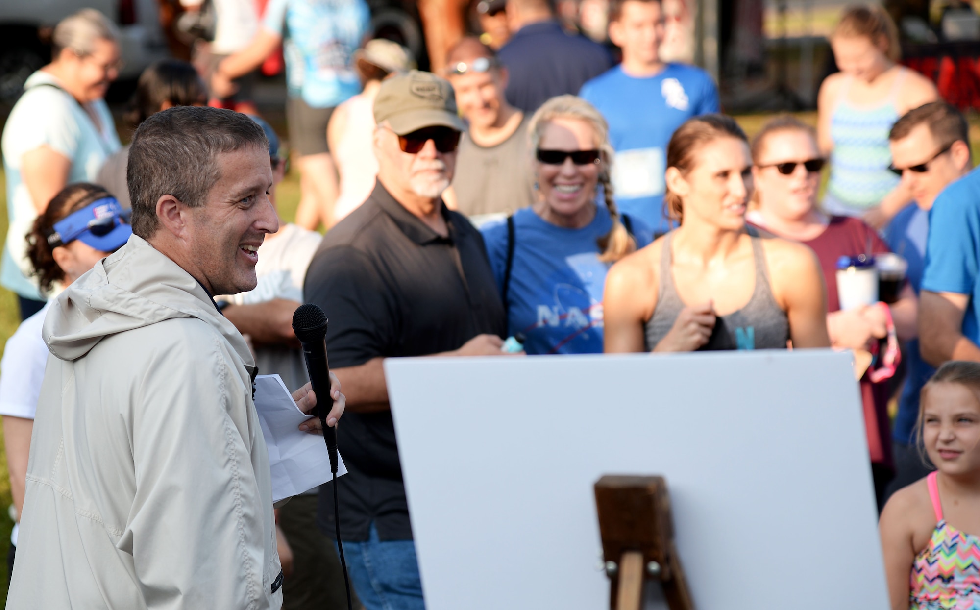 Maj. Douglas Hickey, 14th Force Support Squadron Commander, speaks to the participants at the triathlon Sept. 23, 2017, on Columbus Air Force Base, Mississippi. The triathlon had 87 participants who all completed the event in various age groups. The event was also supported by the Red Cross and GNC who provided water and food after the race. (U.S. Air Force photo by Airman 1st Class Keith Holcomb)