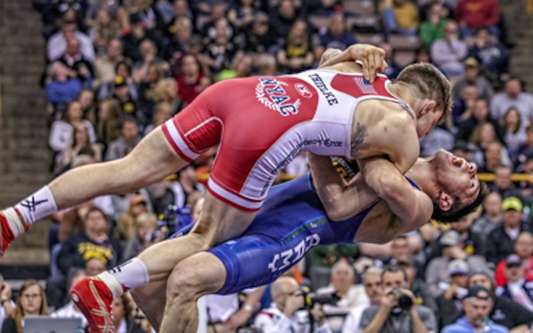 Ildar Hafizov, shown at the 2016 Olympic Trials, placed fifth at 59 kg at the CISM Military Worlds today.