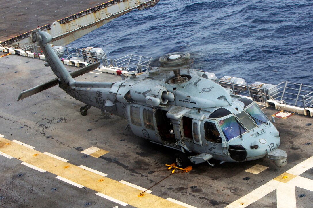 A seahawk takes off from the USS Kearsarge