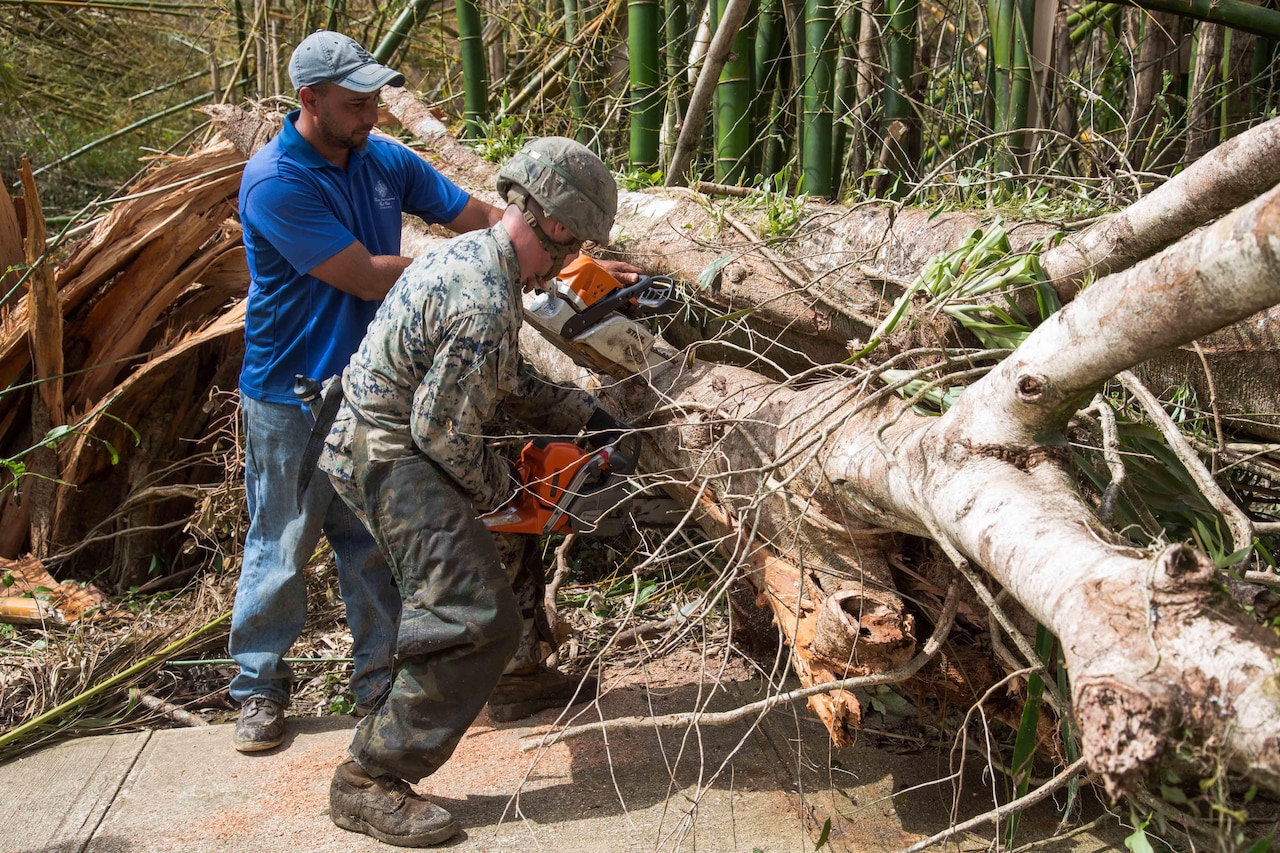 A Marine and resident work together to clear the main road.