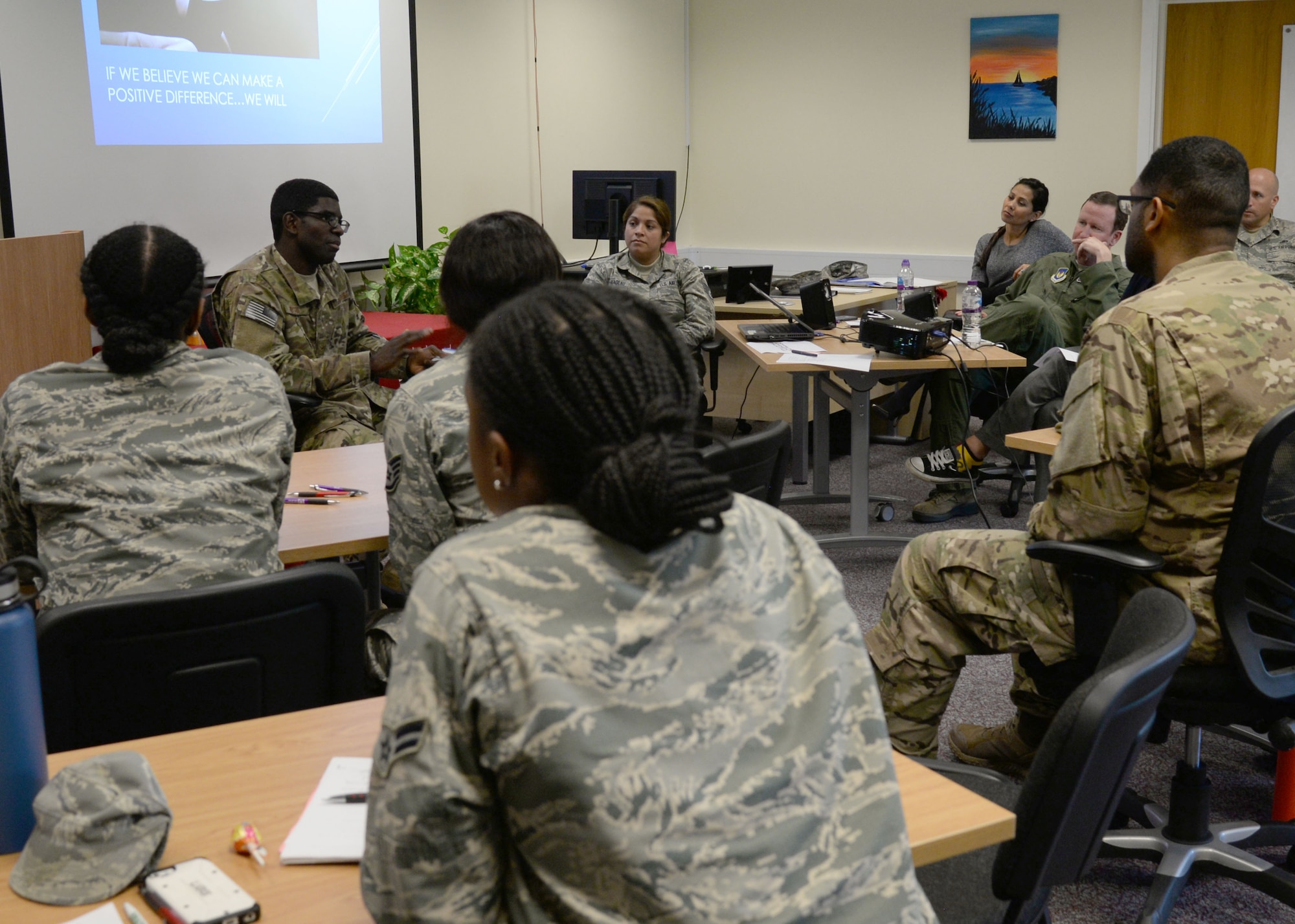 U.S. Air Force Airman 1st Class Dabel Brutus, 352nd Special Operations Support Squadron cyber operations systems technician, shares a personal story, Sept. 26, 2017, at the Meaning and Purpose Symposium hosted at the Square-D Center for Character and Culture on RAF Mildenhall, England. Speakers shared their experiences with hardships, which led to positive outcomes or a change in perspective. (U.S. Air Force photo by Senior Airman Justine Rho)