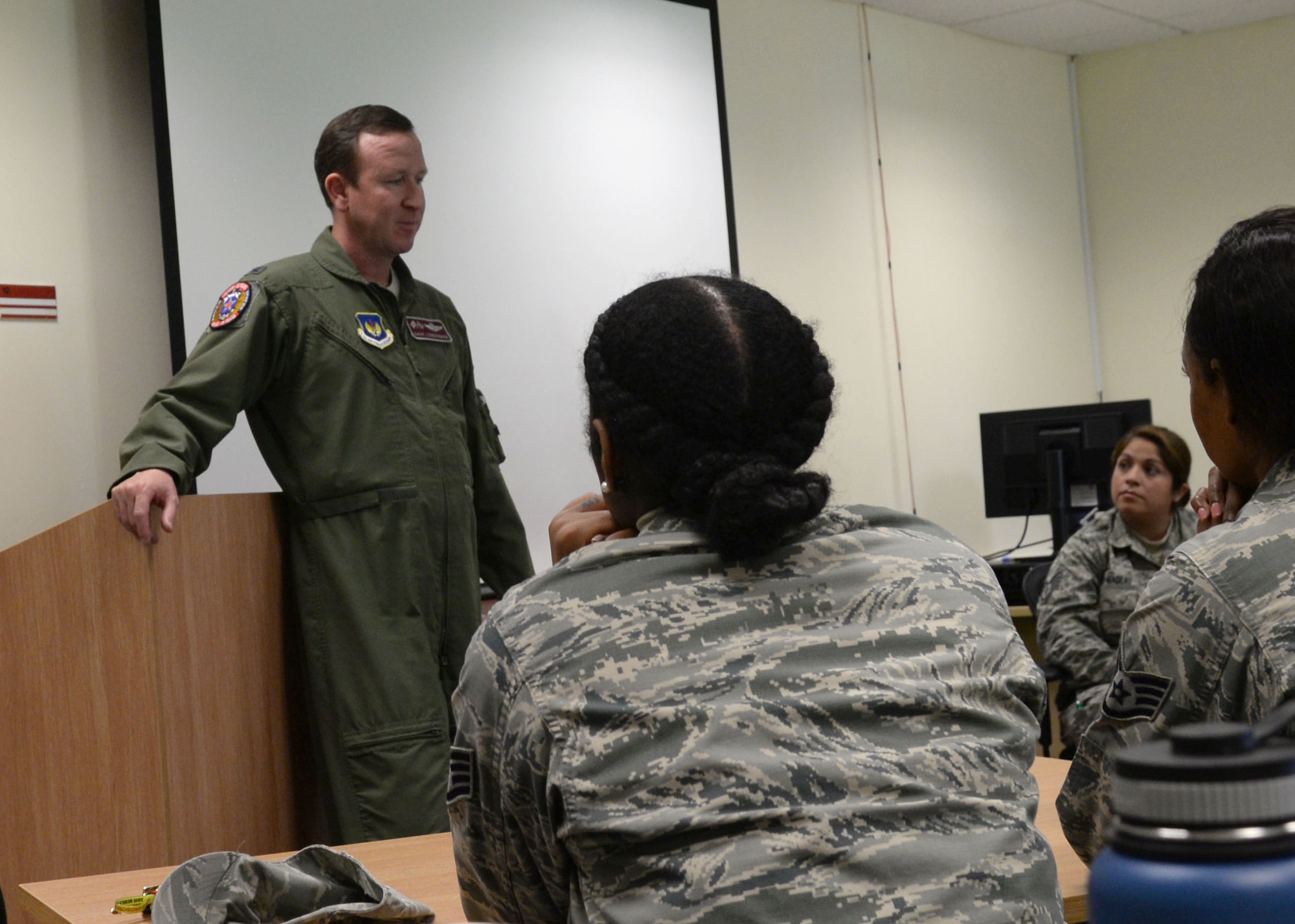 U.S. Air Force Col. David Lenderman, 100th Air Refueling Wing vice commander, shares stories from his military career, Sept. 26, 2017, at the Meaning and Purpose Symposium hosted at the Square-D Center for Character and Culture on RAF Mildenhall, England. The forum emphasized the value of self-worth and resiliency. (U.S. Air Force photo by Senior Airman Justine Rho)