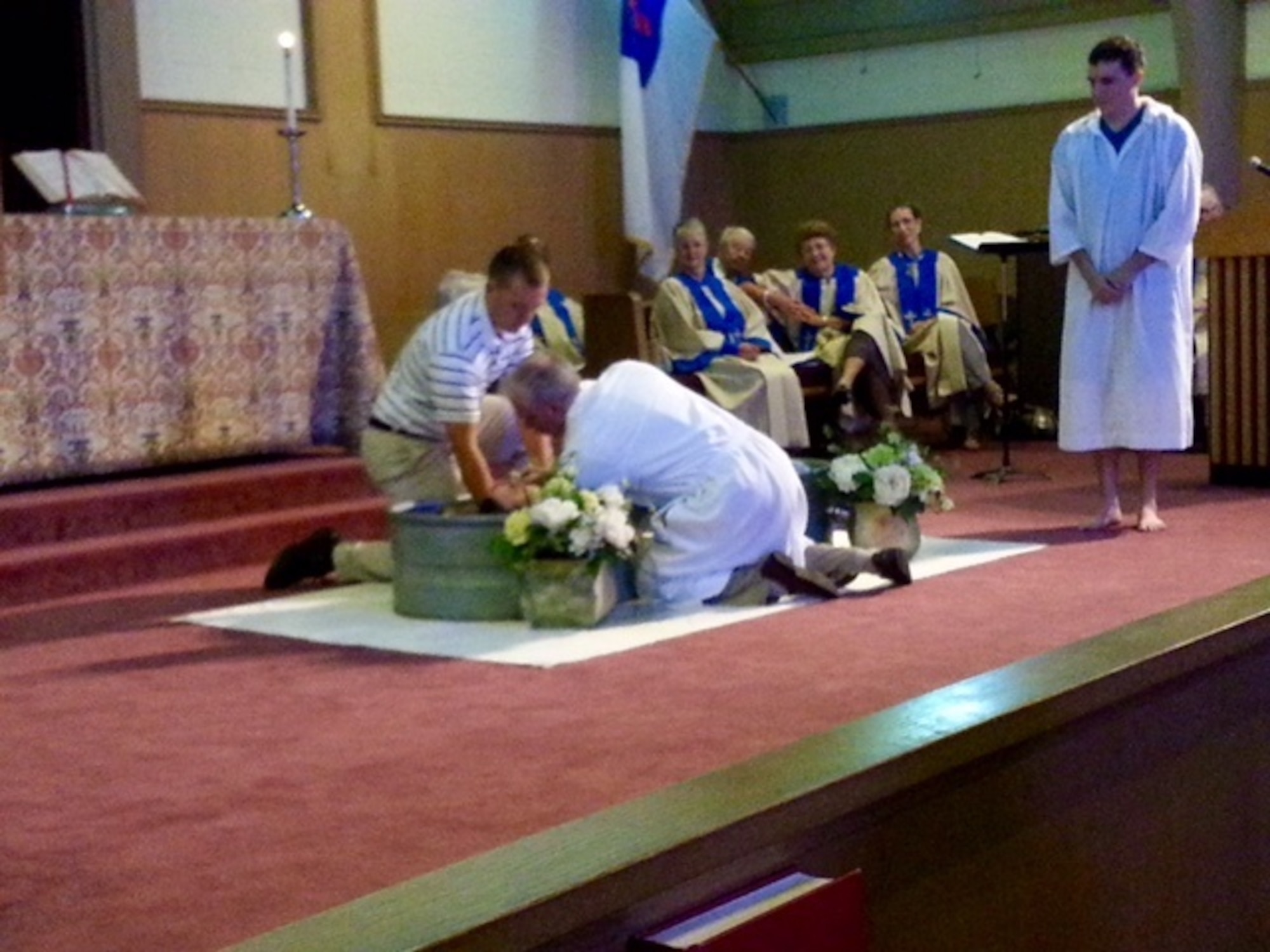 Helping Airmen in their spiritual journey, regardless of what their beliefs are, is found through mutual respect. Chaplain (Capt.) John Boulware, 21st Space Wing chaplain, sees the fruit of this work when he baptized Airmen in “the tub” while stationed at Keesler Air Force Base, Mississippi May, 2016. (Courtesy photo)