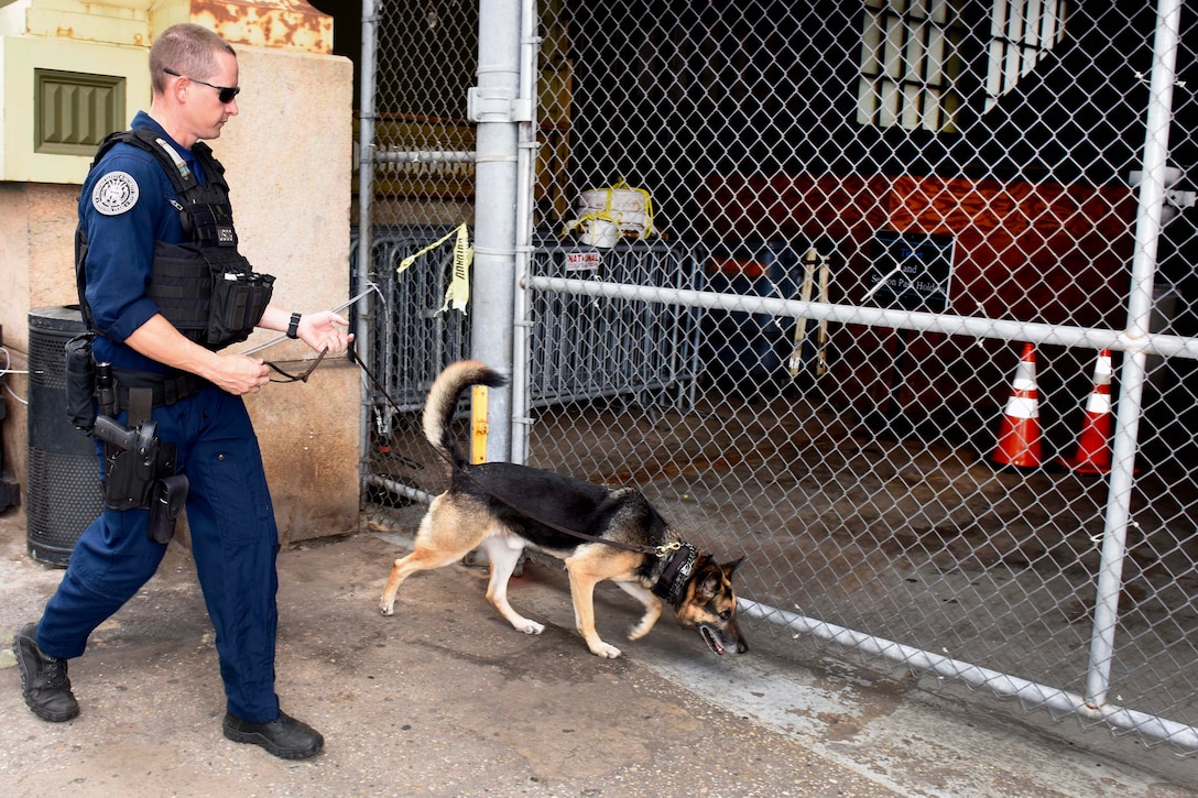 Petty Officer 2nd Class Kyle Smouse and Digo, a military explosive detection dog, conduct security sweeps at the Governors Island ferry pier.