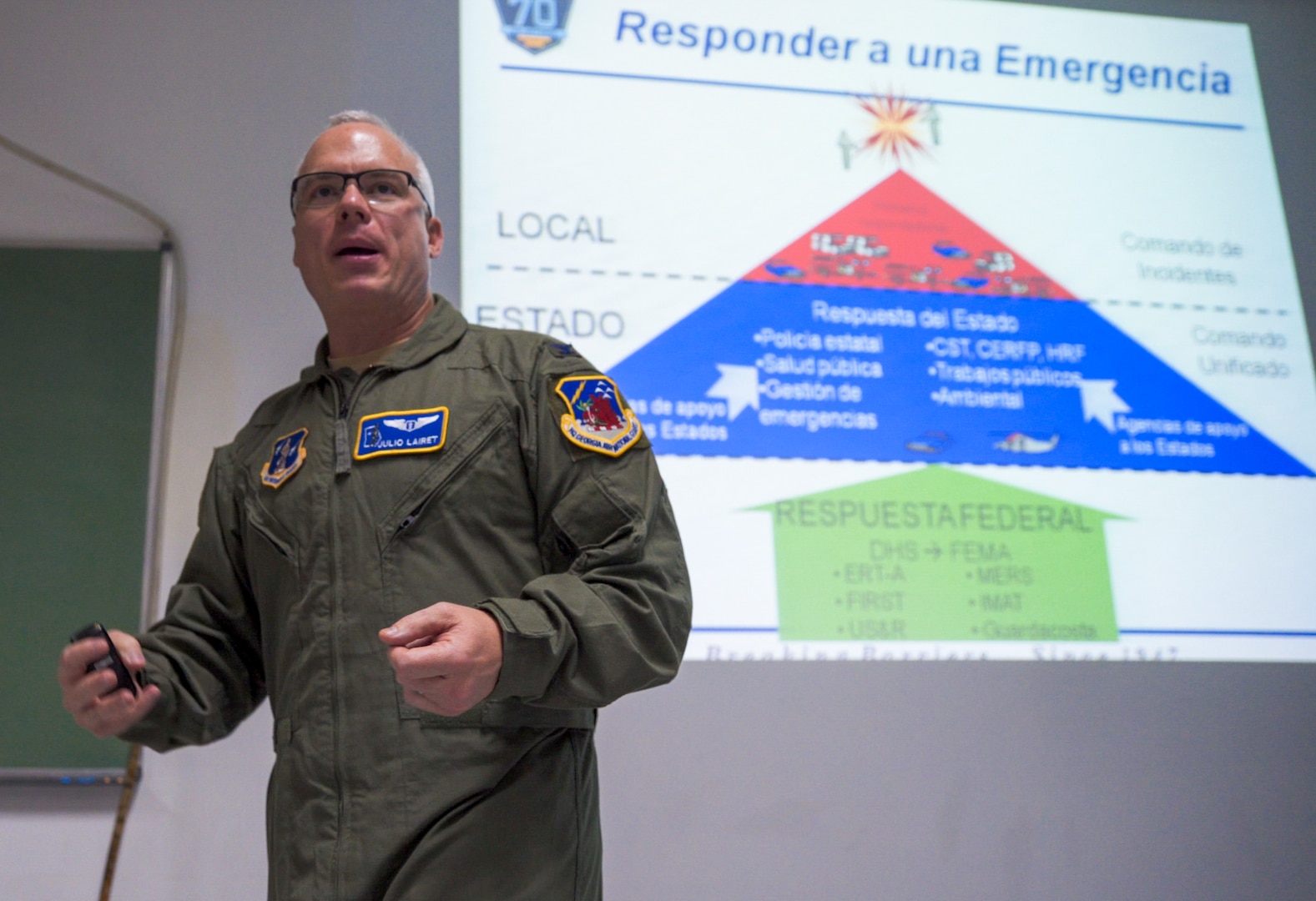 U.S. Air Force Col. Julio Lairet, Georgia Air National Guard State Air Surgeon, leads an emergency response briefing during a senior leader engagement as part of the Department of Defense State Partnership Program Sep. 20 at the National Institute of Aeronautical and Space Medicine, Argentina.