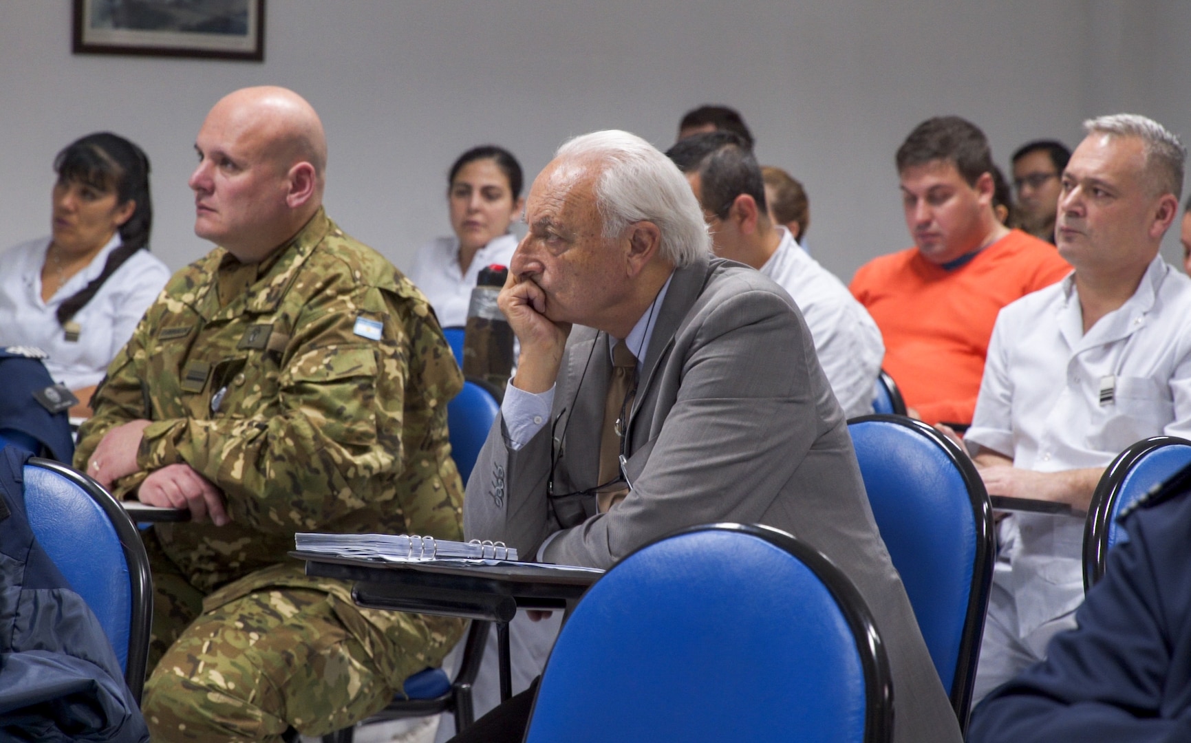 Members of the Argentinian air force medical service attend a breifing during a senior leader engagement as part of the Department of Defense State Partnership Program Sep. 20 at the National Institute of Aeronautical and Space Medicine, Argentina.