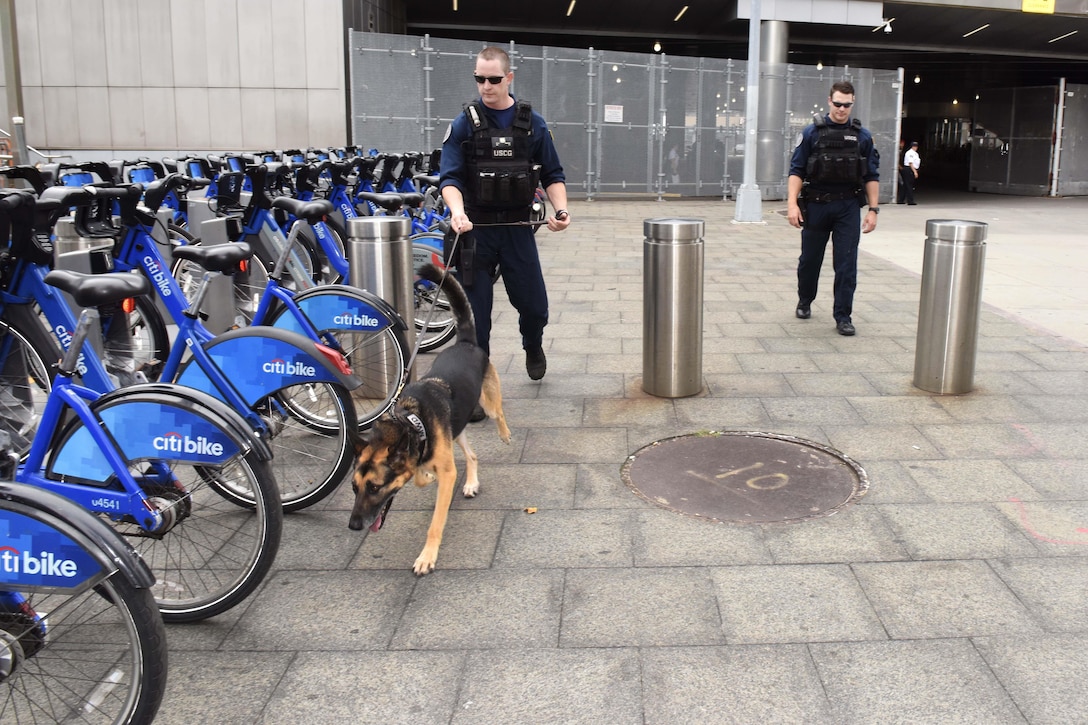 Petty Officers 2nd Class Kyle Smouse, left, and Preston Haggadone and Digo, a military explosive detection dog, conduct security sweeps at the Pier 6-Downtown Manhattan Heliport.