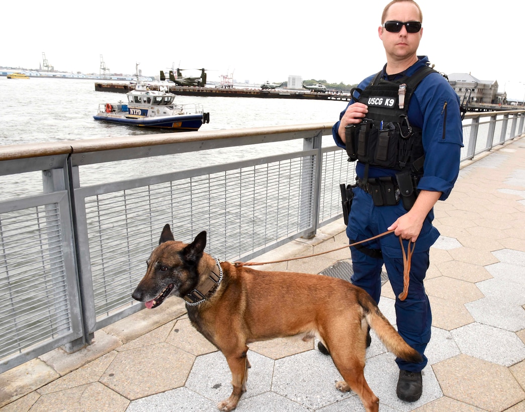 Petty Officer 1st Class Nick Antis and Ryder, a military explosive detection dog, conduct security sweeps at the Pier 6-Downtown Manhattan Heliport