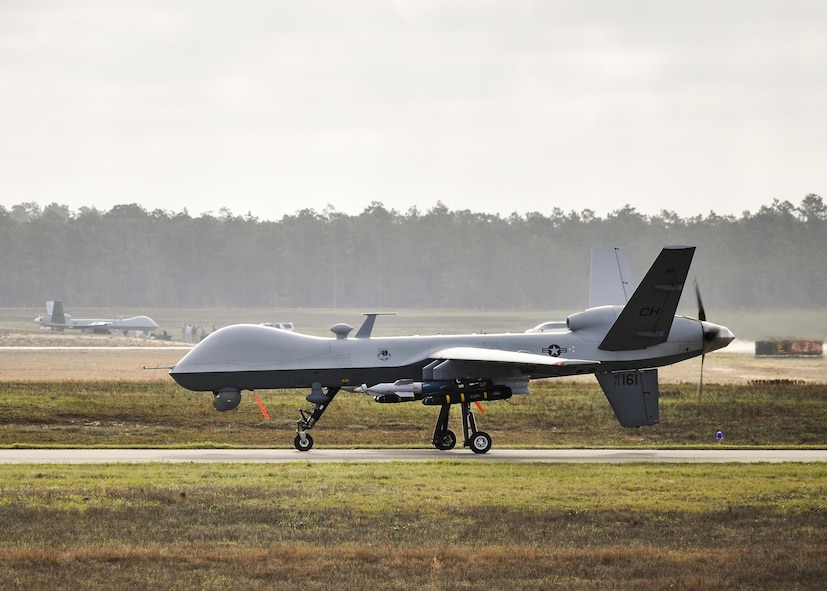 An MQ-9 Reaper remotely piloted aircraft prepares to take off